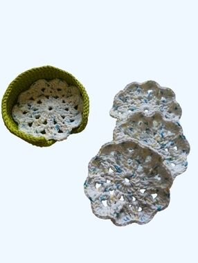Crocheted Cotton Flower Round Coaster-Set of 4 With Holder-Lime Green Multicolor